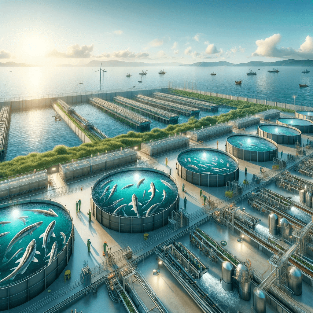 DALL·E 2023-11-20 18.47.36 - An advanced aquaculture facility by the sea, showcasing modern, environmentally-friendly technology and large tanks for sturgeon farming. The scene re(1)