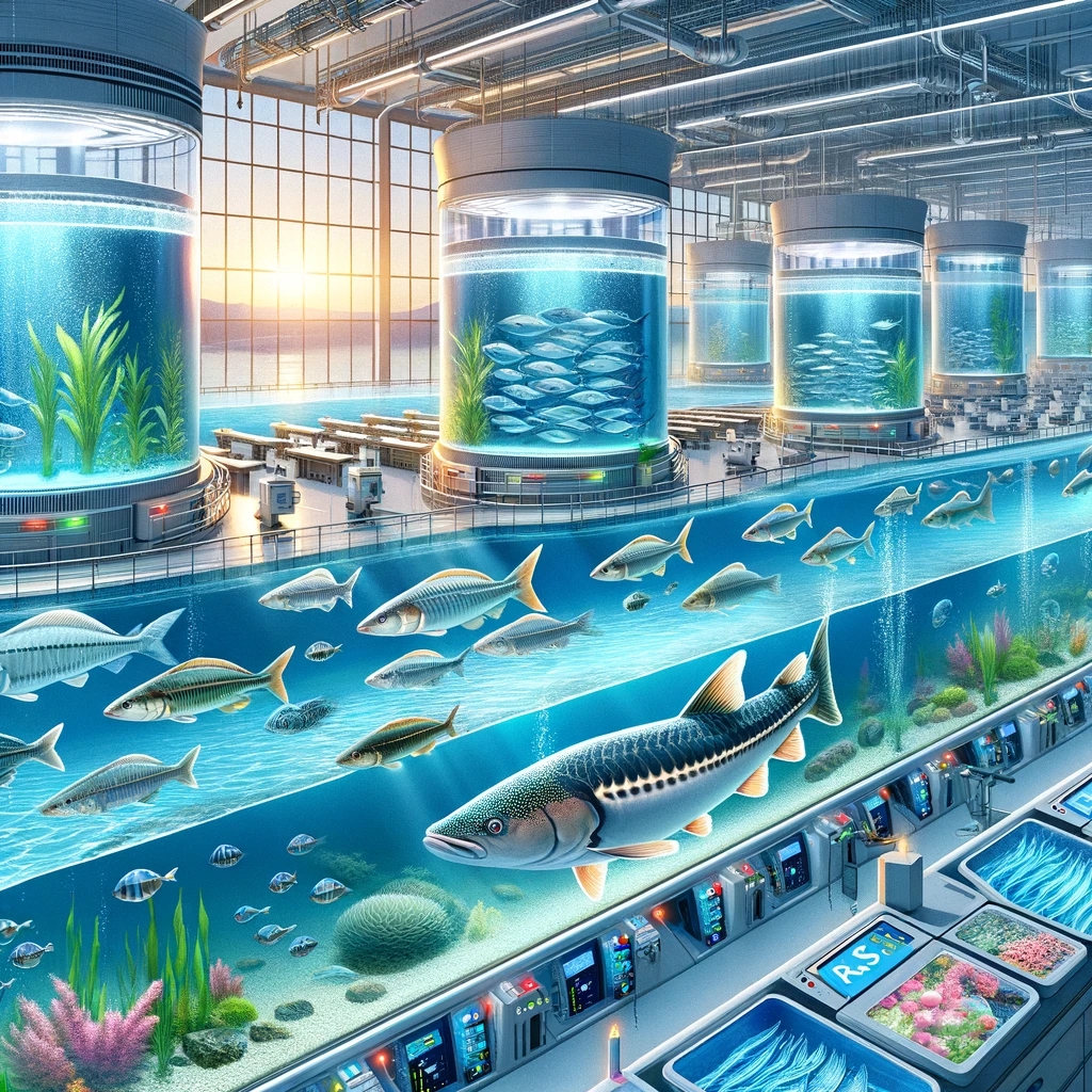 DALL·E 2023-11-22 19.10.54 - An illustration depicting the future of aquaculture with a focus on RAS (Recirculating Aquaculture System) technology. The image should show a state-o