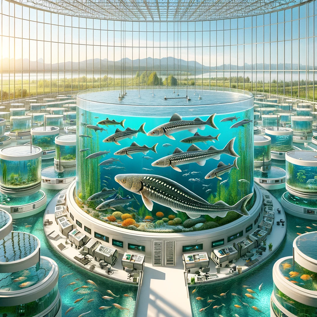 DALL·E 2023-11-22 19.10.55 - An illustration depicting the future of aquaculture with a focus on RAS (Recirculating Aquaculture System) technology. The image should show a state-o