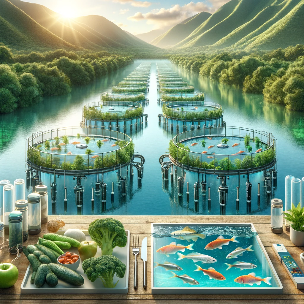 DALL·E 2023-11-22 19.15.08 - Create two images representing an ecological aquaculture farm, focusing on a clean and sustainable environment. The images should depict a pristine, t