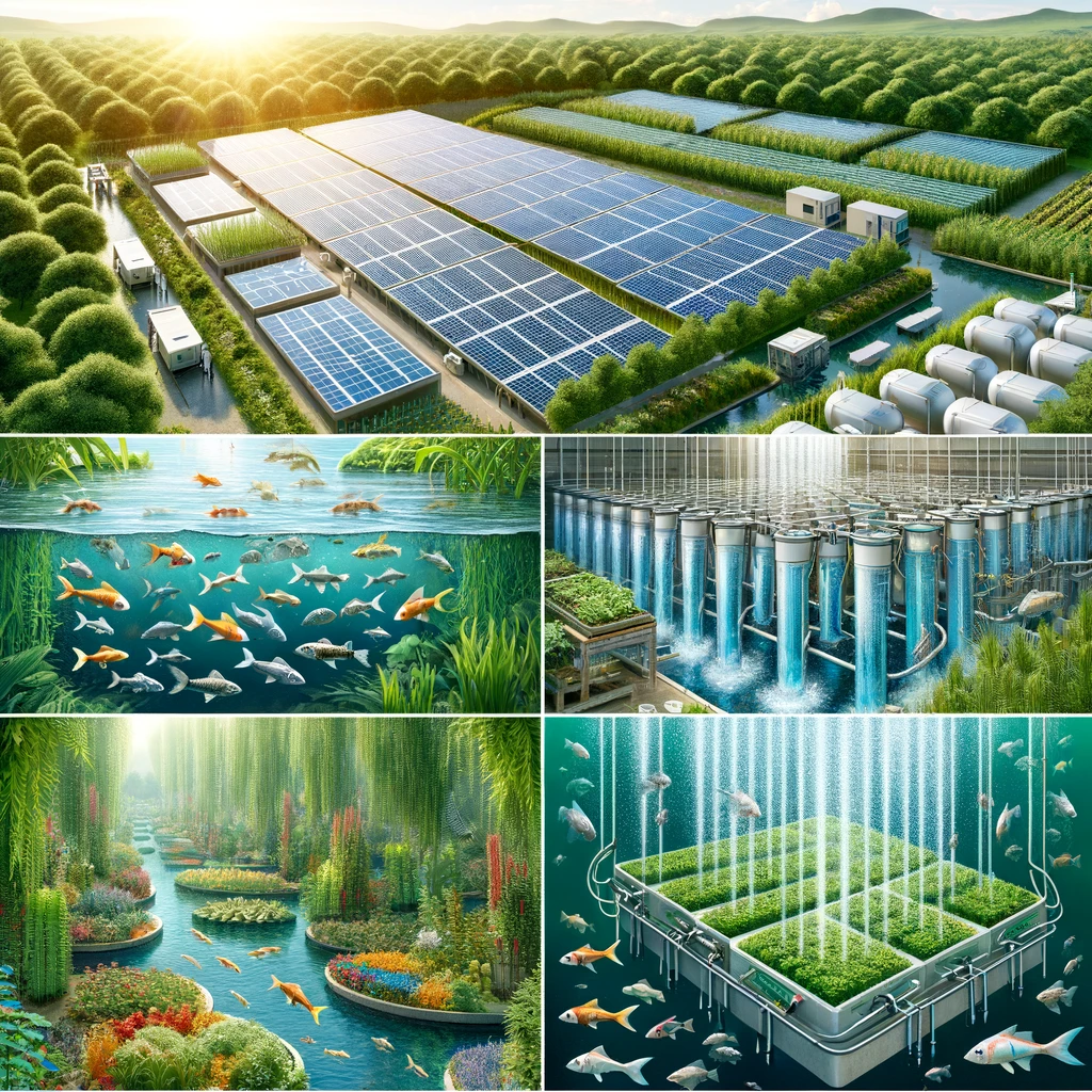 DALL·E 2023-11-22 19.17.28 - 1. An illustration showcasing solar-powered water purification systems in an ecological aquaculture farm. The image should depict innovative solar pan