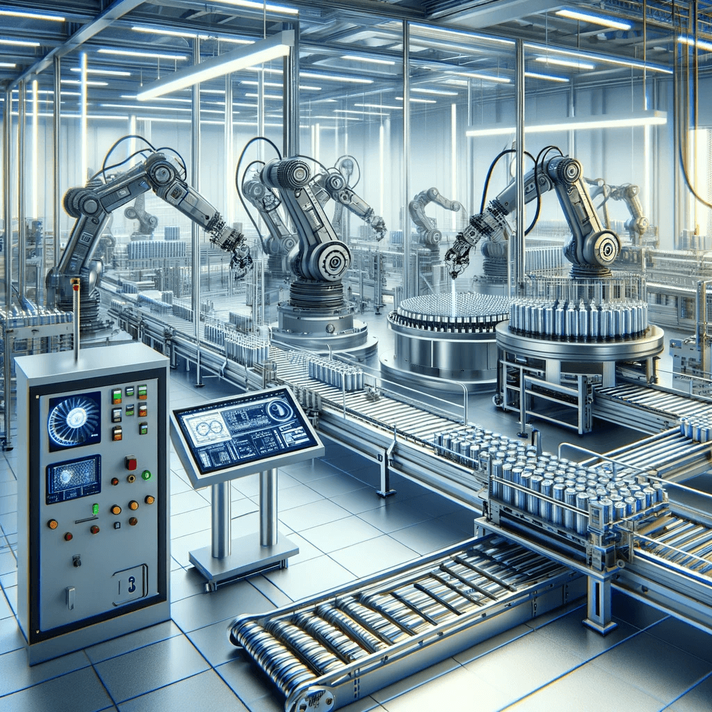 DALL·E 2023-12-11 19.59.35 - A high-tech, advanced can production facility with modern machinery and automated production lines. The scene includes futuristic design elements, rob(1)