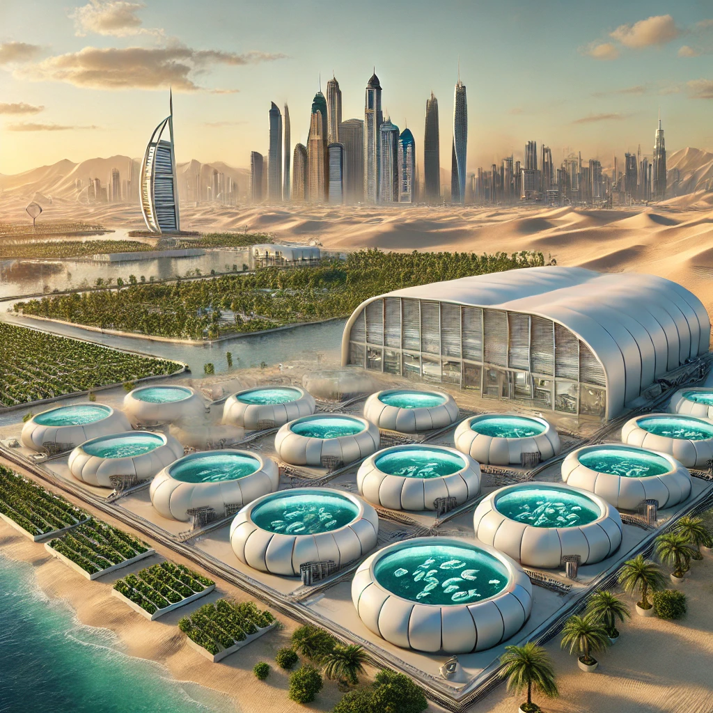 DALL·E 2024-11-30 12.53.50 - A realistic depiction of a state-of-the-art aquaculture facility located in Dubai, surrounded by a desert landscape. The facility features modern insu