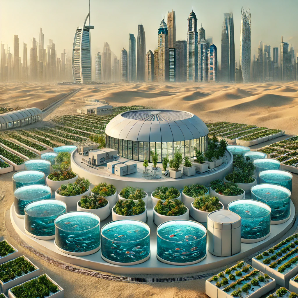 DALL·E 2024-11-30 12.54.52 - A realistic depiction of a modern aquaculture facility strategically located in Dubai, showcasing innovative insulated aqua modules. The scene include