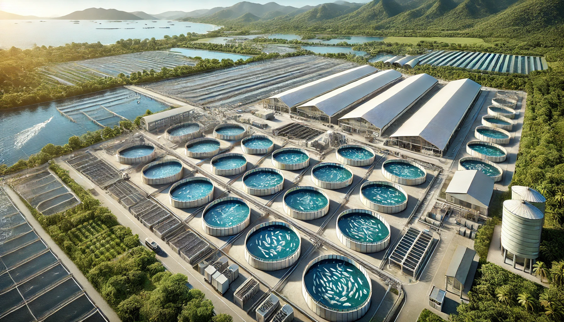 DALL·E 2024-12-08 12.50.57 - A detailed and realistic depiction of a modern aquaculture facility in Malaysia operated by ECOMAR BHD, surrounded by lush green landscapes and abunda