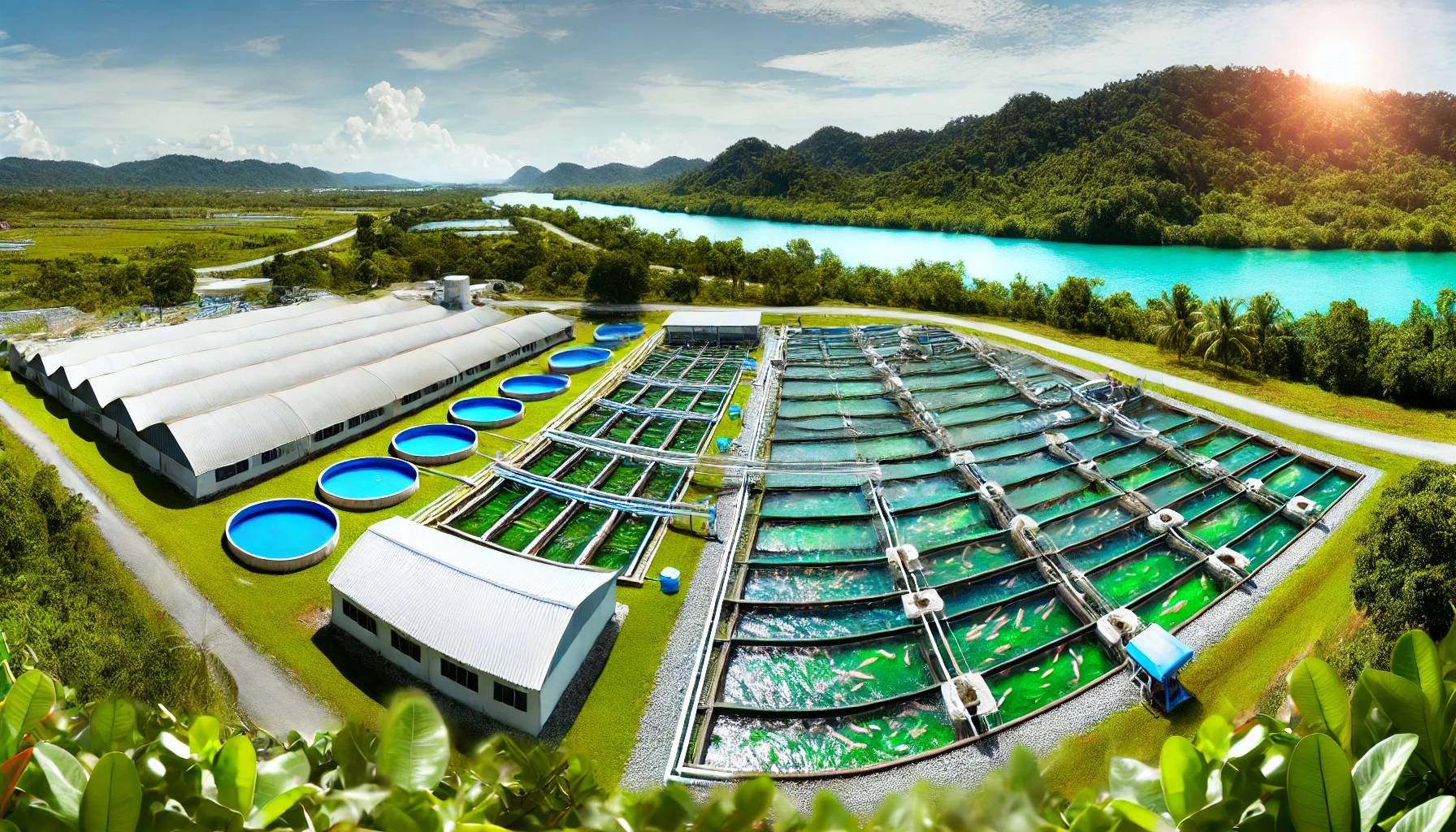 DALL·E 2024-12-08 12.52.18 - A visually rich and realistic depiction of ECOMAR BHD's sustainable aquaculture operations spanning 200 hectares in Malaysia, surrounded by lush tropi