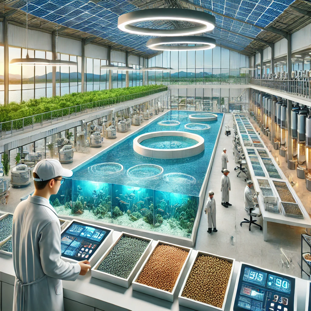 DALL·E 2024-12-16 09.34.42 - An advanced and eco-friendly aquaculture facility operated by ECOMAR BHD, emphasizing fish feed production with sustainable practices. The image showc